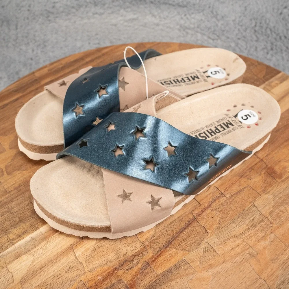 Mephisto Star Leather Cross Band Sandals Nanou Blue/Ivory‎ EU 35 US 4.5-5